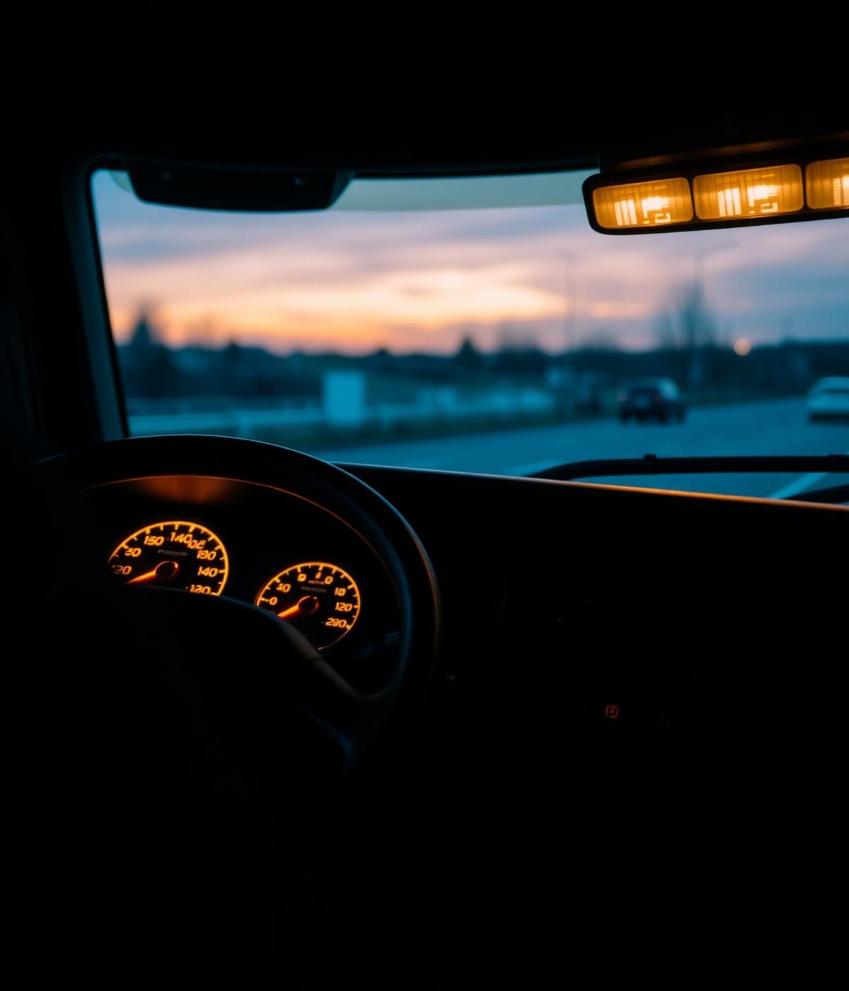 HGV cab interior at dusk